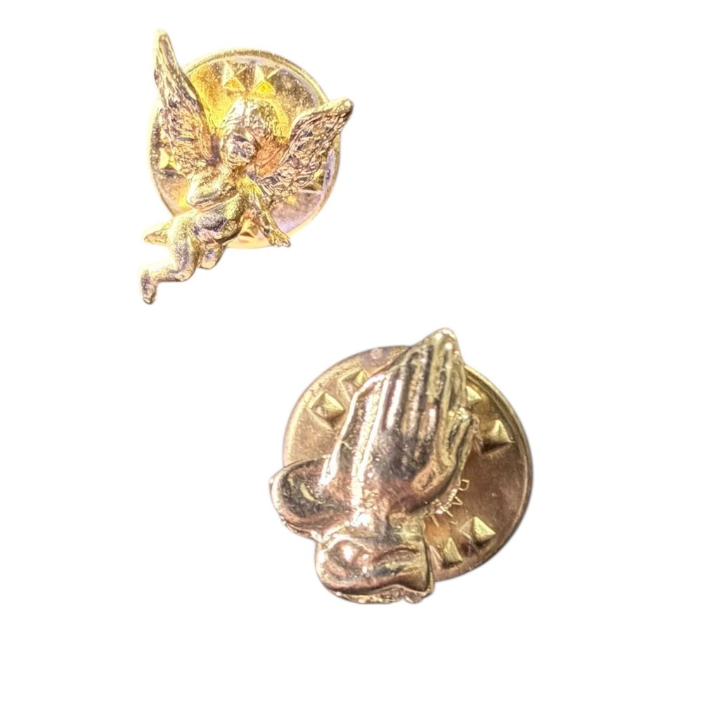 Angelic Religious Unbranded Lapel‎ Pin Set Gold Tone Cherub Praying Hands